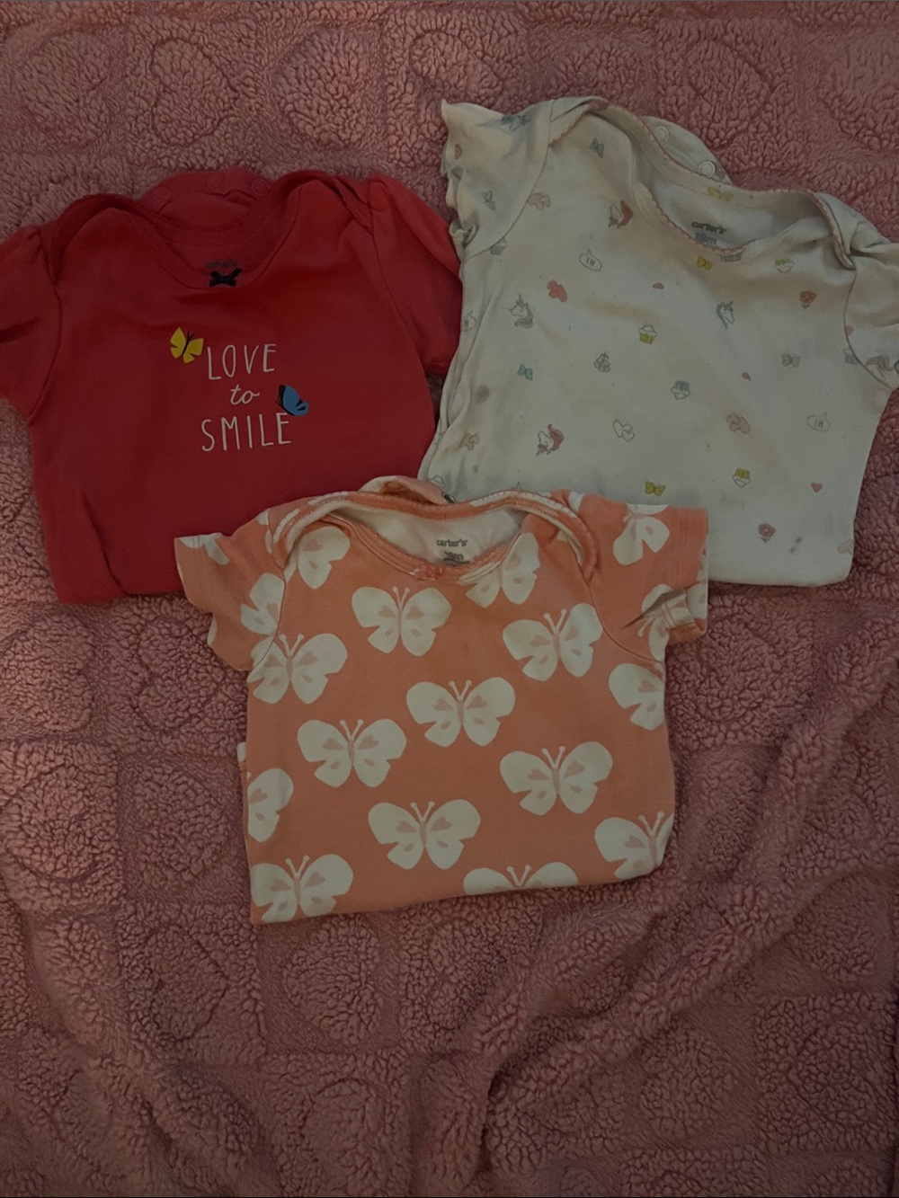 Carter's Girls' Pink & Coral Butterfly Short Sleeve Bodysuits - 3-Pack